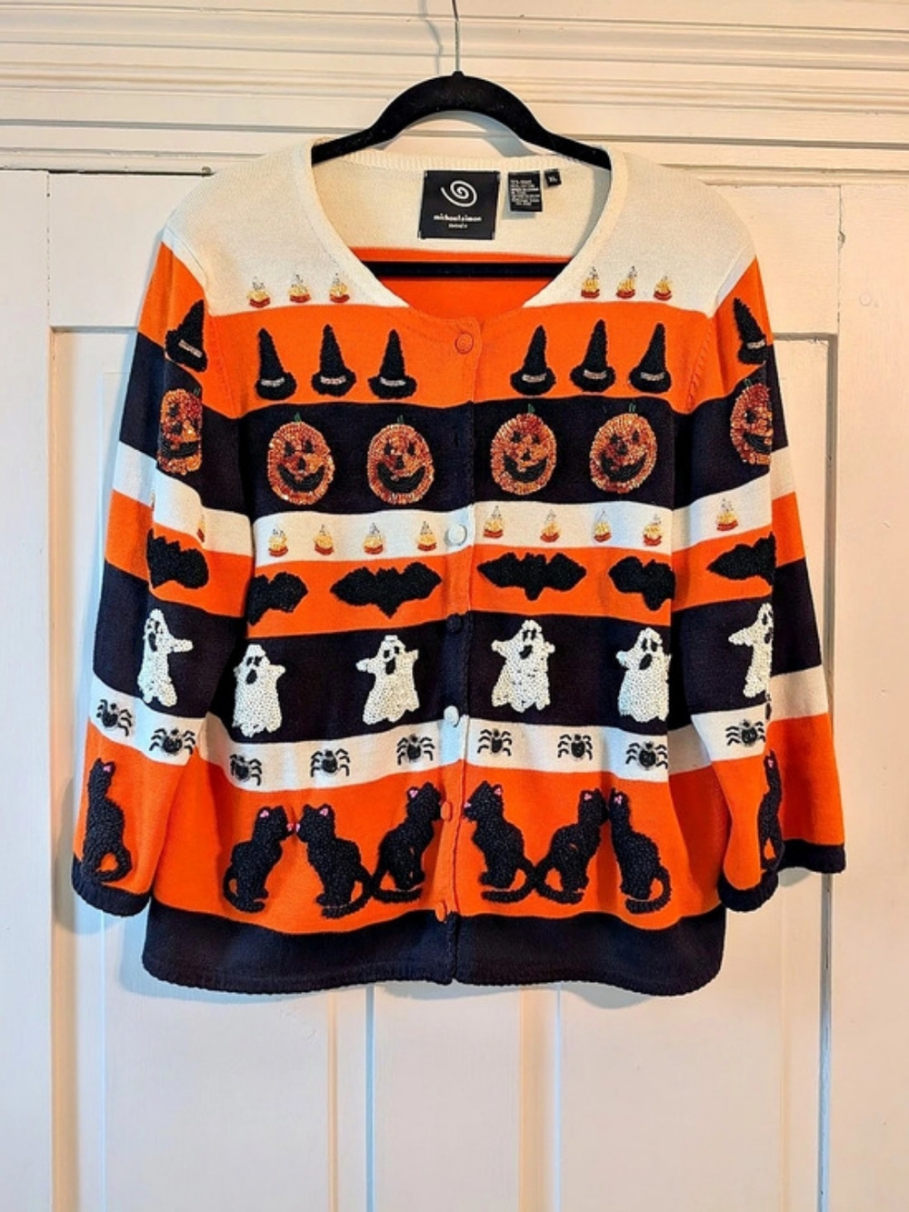 Michael Simon Halloween Candy Corn Pumpkin Bat Ghost Cat Cardigan Halloween